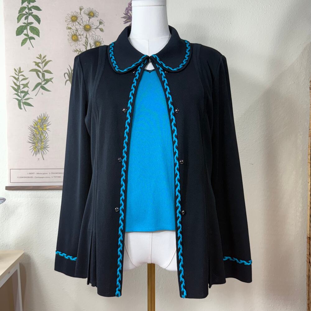 Ming Wang Black Blue 2 Piece Jacket Sleeveless Tank Top Set Classic Career M